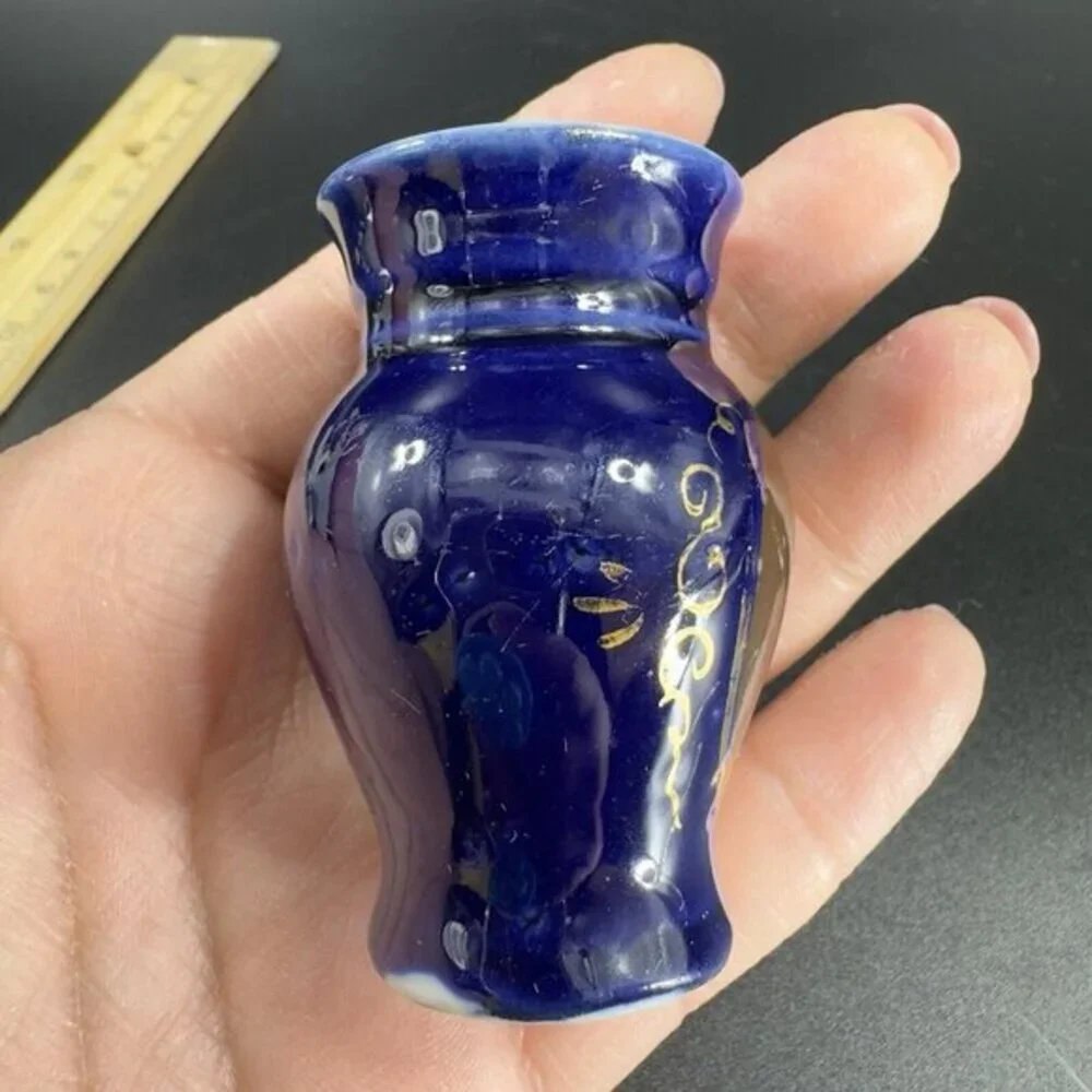 Antique Hand Painted Portrait Porcelain Small Miniature Vase‎ Cobalt Blue VTG